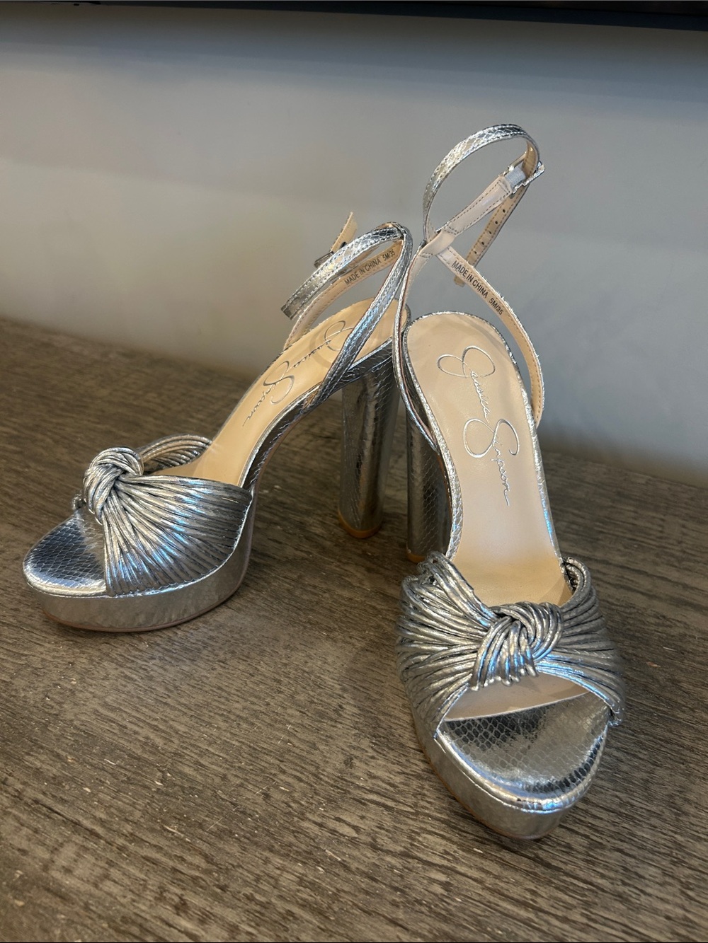 Jessica Simpson Metallic Silver Knotted Platform Heels